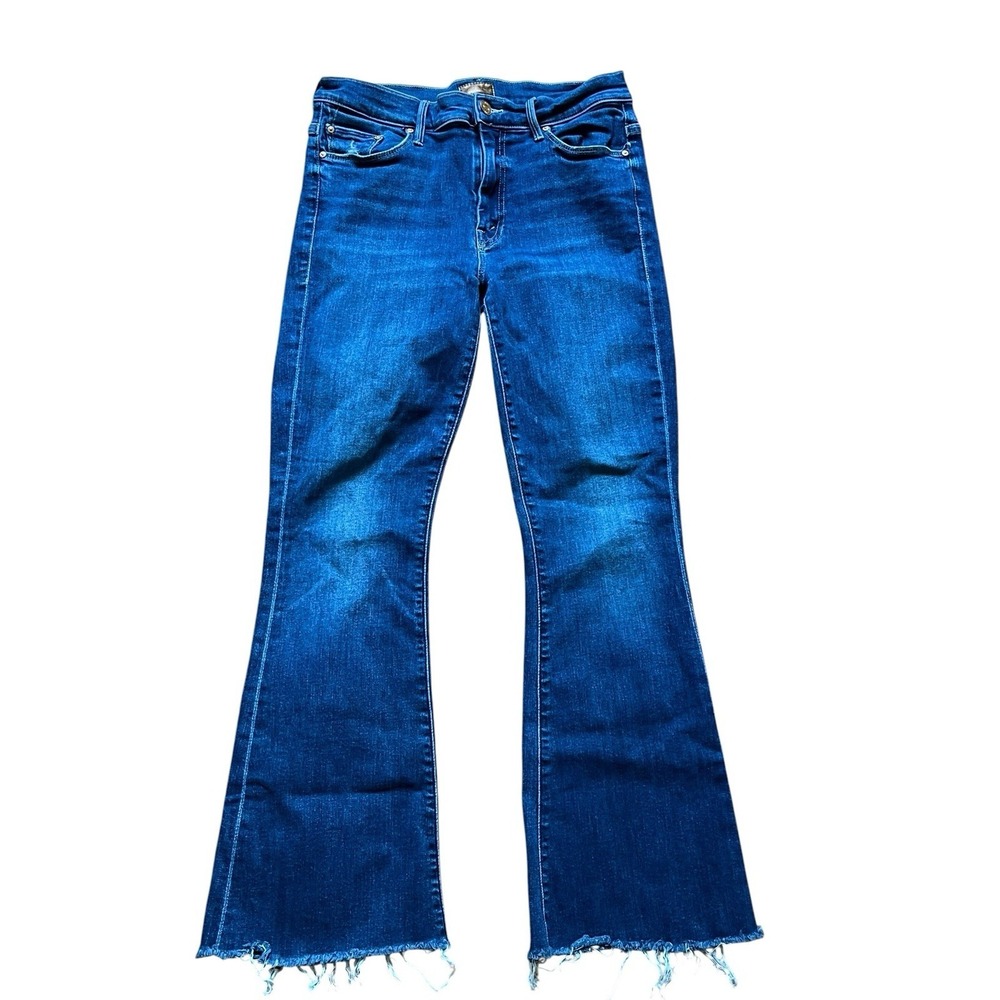 Mother The Weekender Mid-Rise Frayed Hem Denim Flare Jeans Teaming Up, Size 28